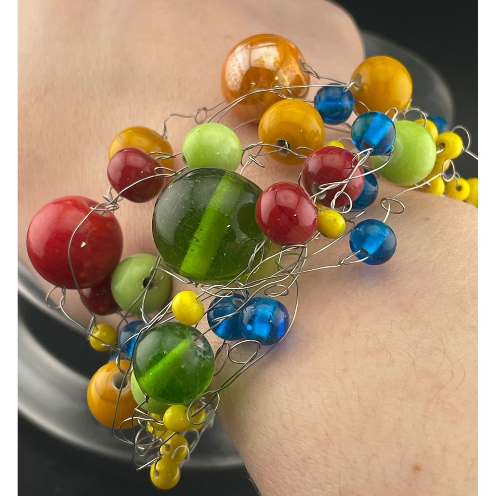 Manouk Sculptural Glass Bead Bracelet Statement Multicolor Wire Wrap art to wear - Picture 2 of 16